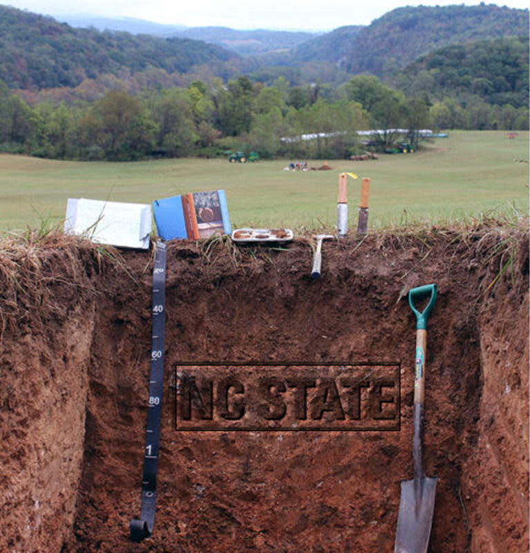Image of soil profile in the field with NC State on the soil.